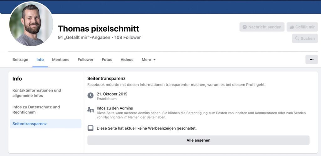 Facebook-Seite: Der Info-Bereich führt zur Seitentransparenz